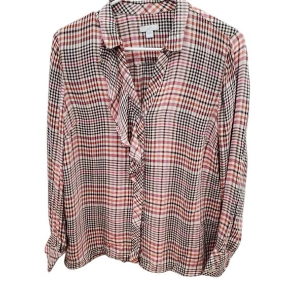 J. Jill Plaid Ruffle Long Sleeve Mother of Pearl buttons size medium - Picture 1 of 7